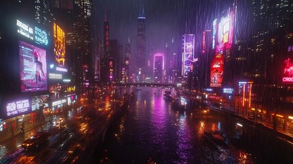 Futurism Cyberpunk Chicago in the rainstorm, neon billboards shine, skyscrapers soar, and purple, blue and pink colors cast a dazzling light in the rain.