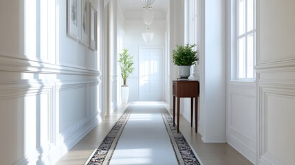 88. A bright empty hallway with decorative accents and a runner rug
