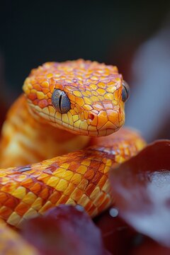 Yellow python curled up resting on a branch