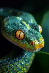 Fototapeta premium Green tree python showing its scales and yellow eyes