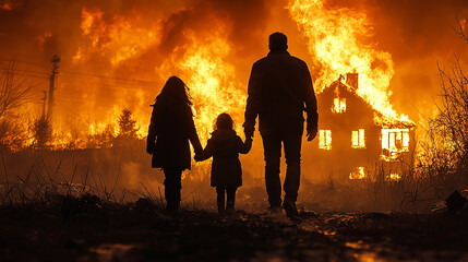 Obraz premium silhueta de família olhando para a destruição em chamas da arquitetura da fogueira da casa