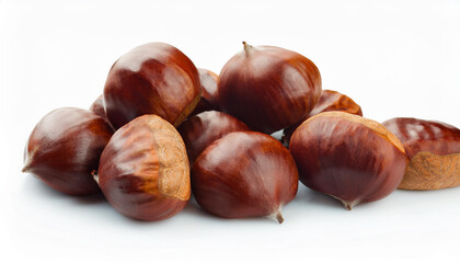 Heap of chestnuts isolated on white backdrop. Healthy and tasty snack. Super food.