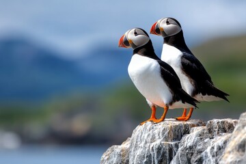 Fototapeta premium Family of puffins standing on rocky cliffs, facing the sea breeze