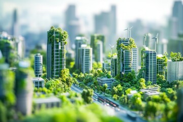 Urban Jungle with Green Architecture and Wind Turbines