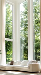 Fototapeta premium Modern white sectional sofa with pillows in front of large windows overlooking green trees.