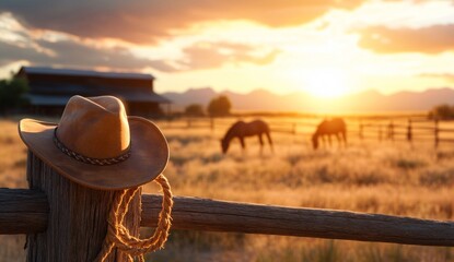 A cowboy hat is hanging on a fence post in a field