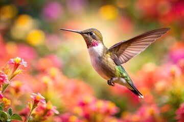Obraz premium hummingbird flying over flowers, high angle view