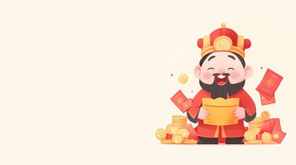 Naklejka premium Cartoon Chinese God of Fortune holding a Yuanbao
