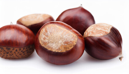 Obraz premium Heap of chestnuts isolated on white backdrop. Healthy and tasty snack. Super food.