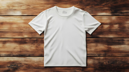 Plain white t-shirt on wooden background.