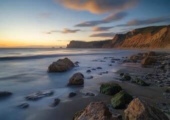 Fototapeta premium Serene Long Exposure of Coastal Landscape at Sunset