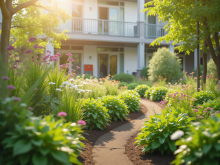 Winding garden path leading to a modern home