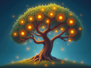 Big glowing tree illuminating the night with fireflies around