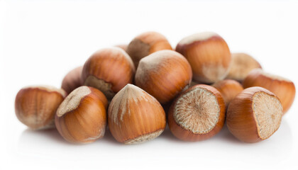 Heap of hazelnuts isolated on white backdrop. Healthy and tasty snack. Super food.