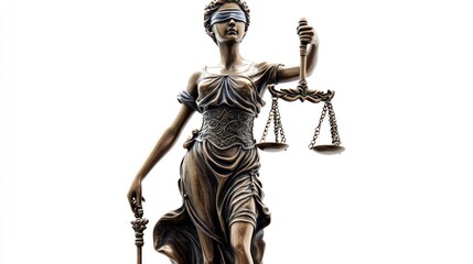 The statue of the Goddess of Justice holding scales on a white background symbolizes objectivity and impartiality towards subjective and external influences
