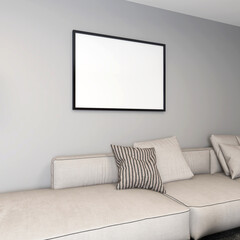 Living room with a horizontal frame mockup on a gray wall and interior decoration. 3D rendering, interior design, 3D illustration