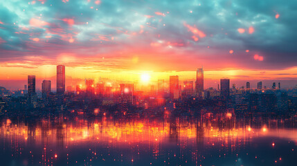 Fototapeta premium Sunset over city skyline with vibrant colors reflecting on water