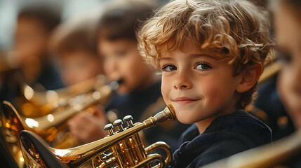 A young boy smiles while playing a trumpet in a music ensemble.