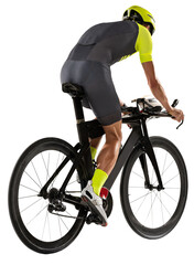 Portrait of male bicyclist, young woman riding on road bike against transparent background. Concept...