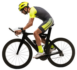 Side view portrait of male cycling athlete, young man on road bike in motion against transparent background. Concept of sport, action, movement, sportwear, speed, race. © Lustre Art Group 