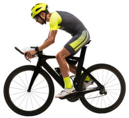 Side view portrait of male cycling athlete, young man on road bike in motion against transparent background. Concept of sport, action, movement, sportwear, speed, race.