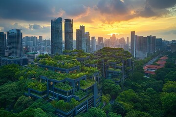 Fototapeta premium A stunning sunset over a green urban landscape showcasing modern architecture and lush greenery in a thriving city. Generative AI