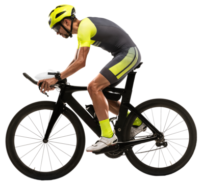 Side view portrait of male cycling athlete, young man on road bike in motion against transparent background. Concept of sport, action, movement, sportwear, speed, race. - Powered by Adobe
