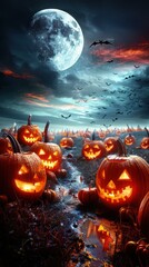 Fototapeta premium A spooky field filled with glowing jack o lanterns under a full moon, with bats flying overhead and a misty Halloween night atmosphere