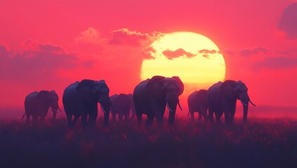 Fototapeta premium A group of elephants walking in front of a sunset