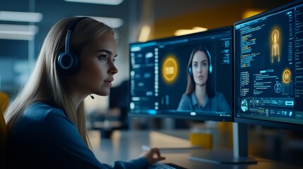 The blonde customer service representative wears headphones and helps a customer through video calls. The display screen shows customer data, artificial intelligence tools, and chatbot interface
