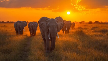 Naklejka premium A group of elephants walking in front of a sunset