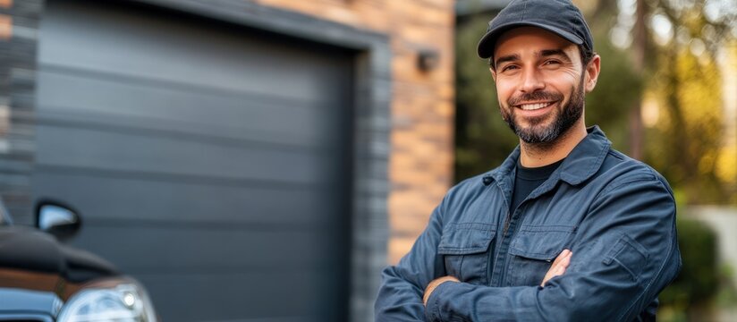 Happy mechanic in blue workwear standing in front of a garage door.