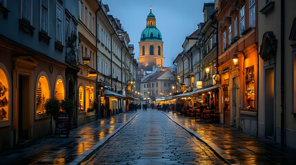 Obraz premium Evening street scene with illuminated buildings and a dome.