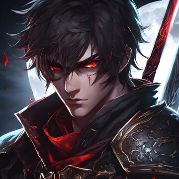 A young boy in a demon hunter outfit, a close-up of his face with a scar on his cheek and red eyes, holding a blood-stained sword.