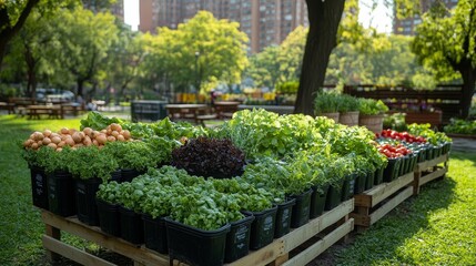 Bustling farmer's market in a city park with vibrant stalls of fresh produce grown by local urban gardeners, highlighting the farm-to-table movement and the essence of city-grown, sustainable food.