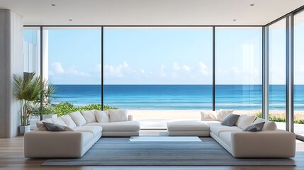 Modern beachfront living room offering breathtaking panoramic ocean views image