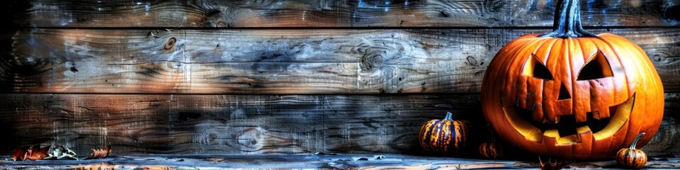 A glowing jack o lantern with a sinister face placed on a wooden bench, creating a moody Halloween display with rustic decor


