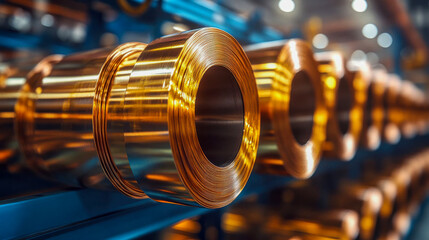 Rolls of shiny copper wires lined up in an industrial setting, highlighting their reflective surface and industrial quality