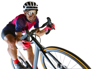 Portrait of man, professional cyclist training, riding against transparent background. Cheerful...