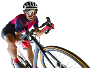 Portrait of man, professional cyclist training, riding against transparent background. Cheerful sportsman. Concept of sport, action, motion, speed, hobby, lifestyle.