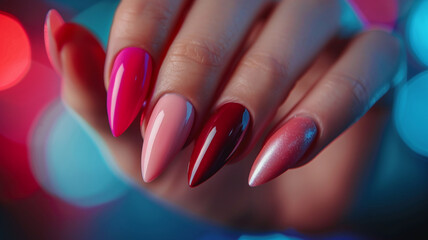 The image shows a pair of hands with painted nails. The nails are painted with nail polish, and the hands appear to be well-groomed. The focus is on the nails and nail care.