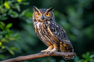 Obraz premium Majestic owl with glowing amber eyes, sitting on a branch under the moonlight