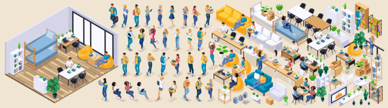 Isometric Kit for creating a student dormitory. Large Kit of furniture and Characters, Personage. Create your own unique design N4
