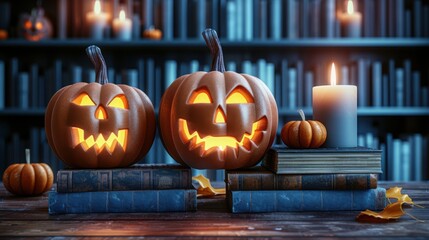 Two carved jack o lanterns placed on stacked books with a candle, set against a bookshelf backdrop for a spooky Halloween setting

