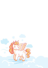 Cartoon unicorn is flying in the sky, surrounded by clouds, ideal for children s projects. Vector illustration.