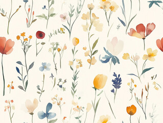 Delicate watercolor wildflowers in soft pastels are scattered across light beige background, creating serene and whimsical pattern. gentle colors evoke sense of calm and beauty