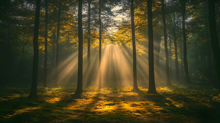 Naklejka premium Sunlight streaming through trees in a serene forest setting.