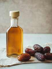 A glass bottle of date nectar next to dried dates in a wooden bowl. 