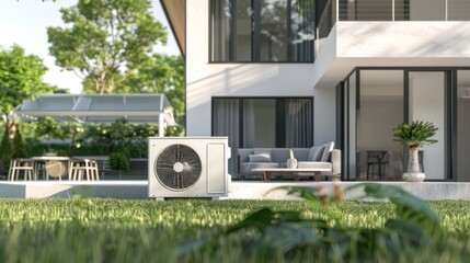 Modern air conditioning unit installed outside a house with green garden view. Energy efficiency, cooling, and eco-friendly concept for residential areas. Design for home and architecture projects.