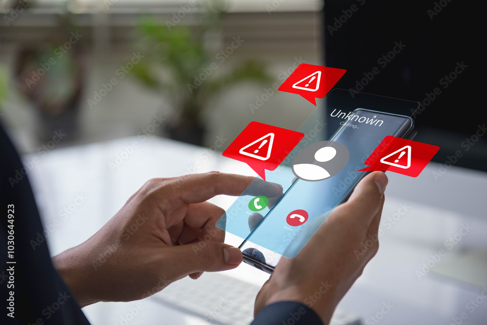 Poster scam or spam alert calls, person receiving unknown scam alert call notification. smartphone show dan